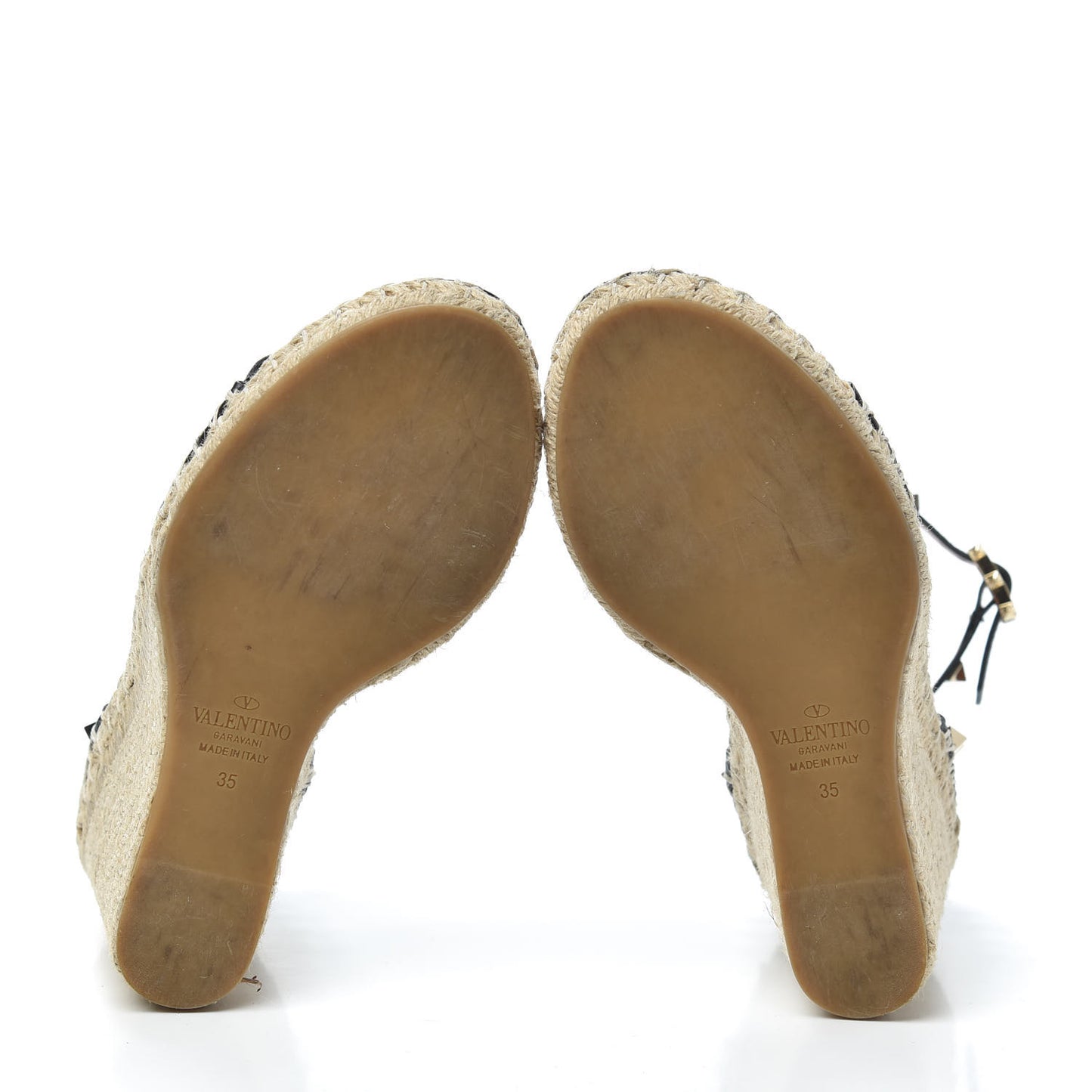 Grained Calfskin Rockstud Ankle Strap Espadrille 15/105mm Wedge Sandals 35 Black Light Cuir Natural