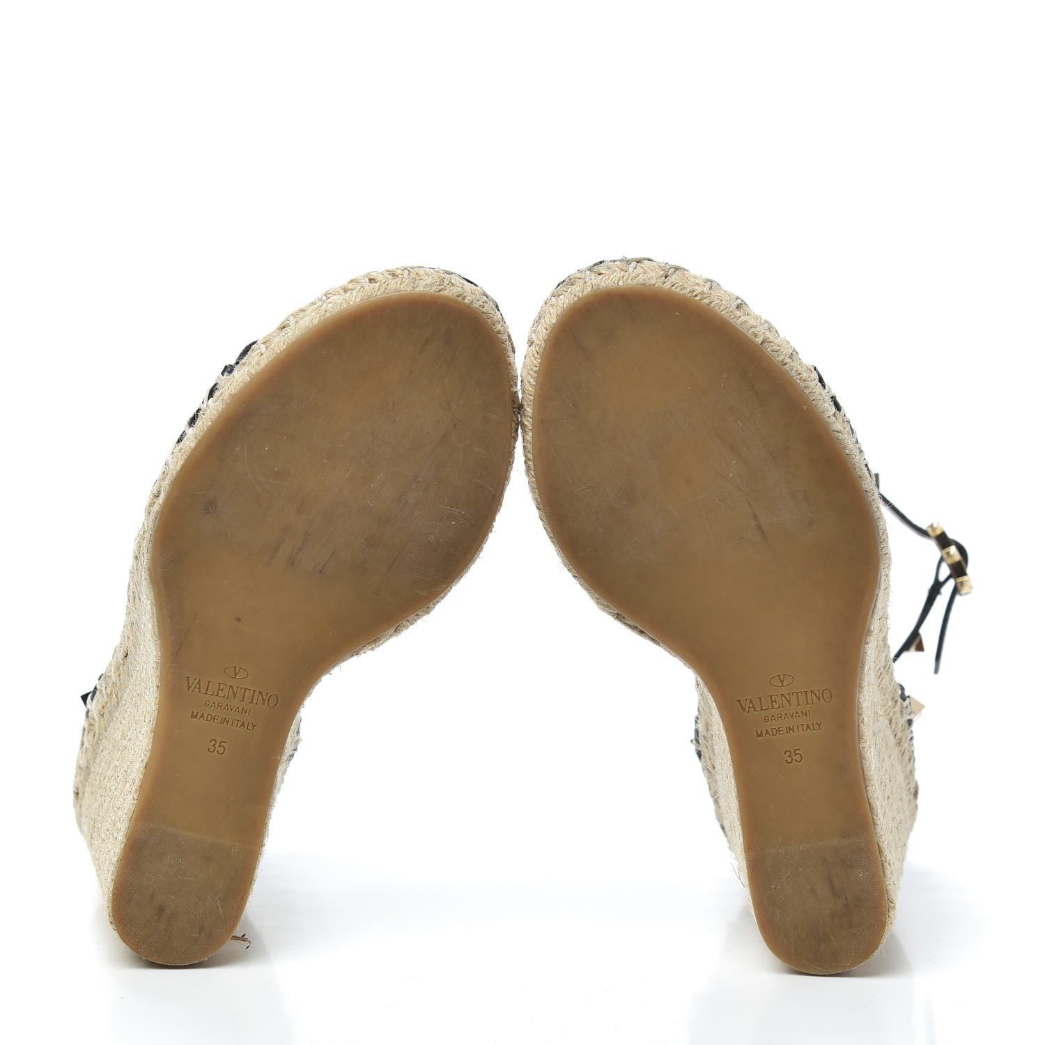 Valentino Garavani Grained Calfskin Rockstud Ankle Strap Espadrille 15/105mm Wedge Sandals 35 Black Light Cuir Natural 7 of 7