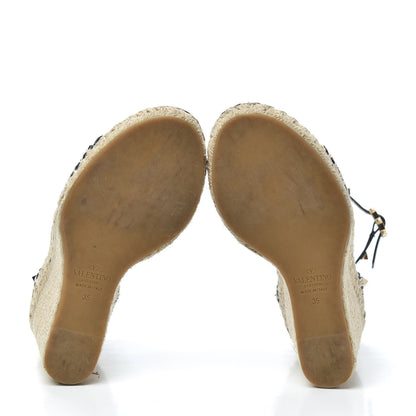 Valentino Garavani Grained Calfskin Rockstud Ankle Strap Espadrille 15/105mm Wedge Sandals 35 Black Light Cuir Natural 7 of 7