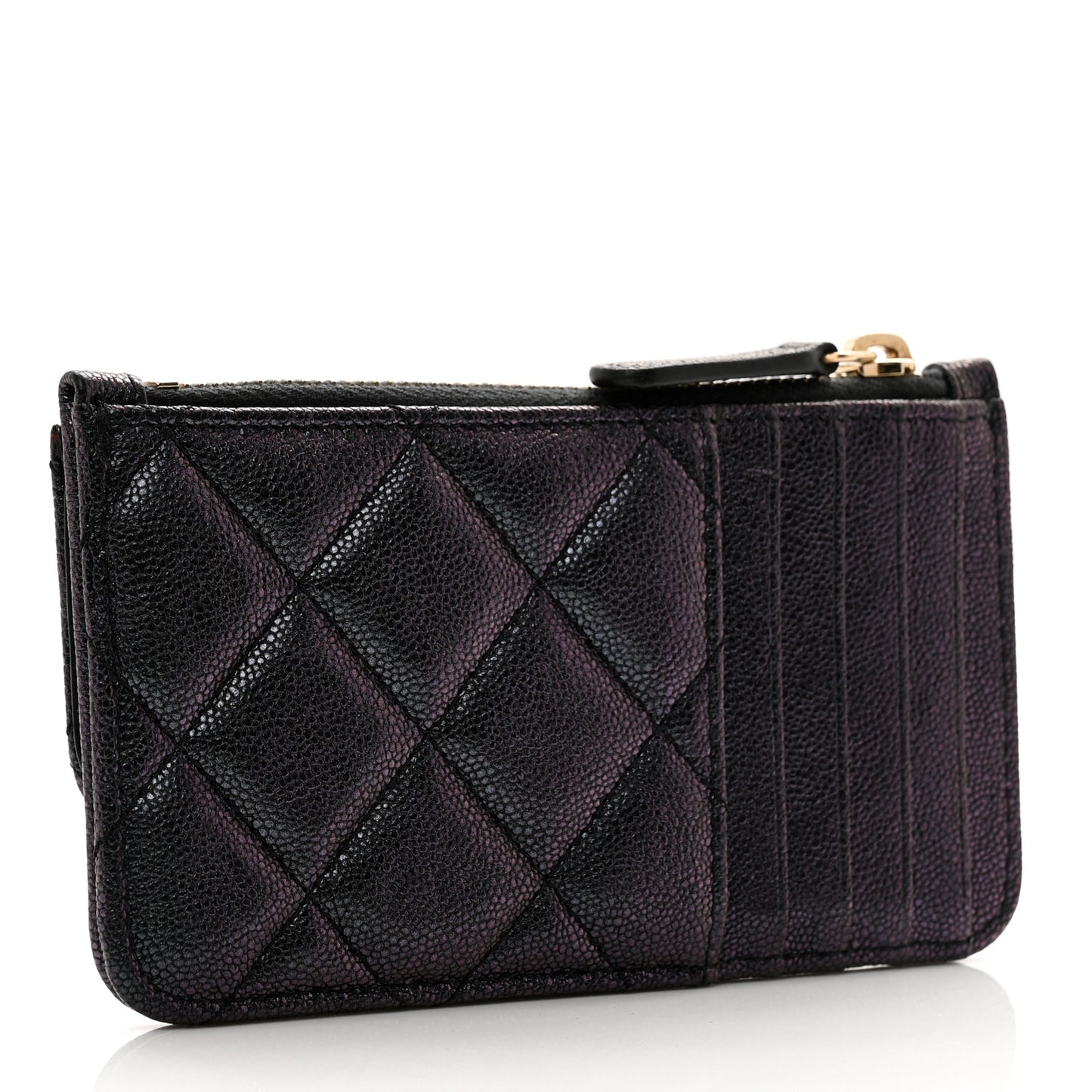 Iridescent Caviar Quilted Flap Zip Card Holder Black