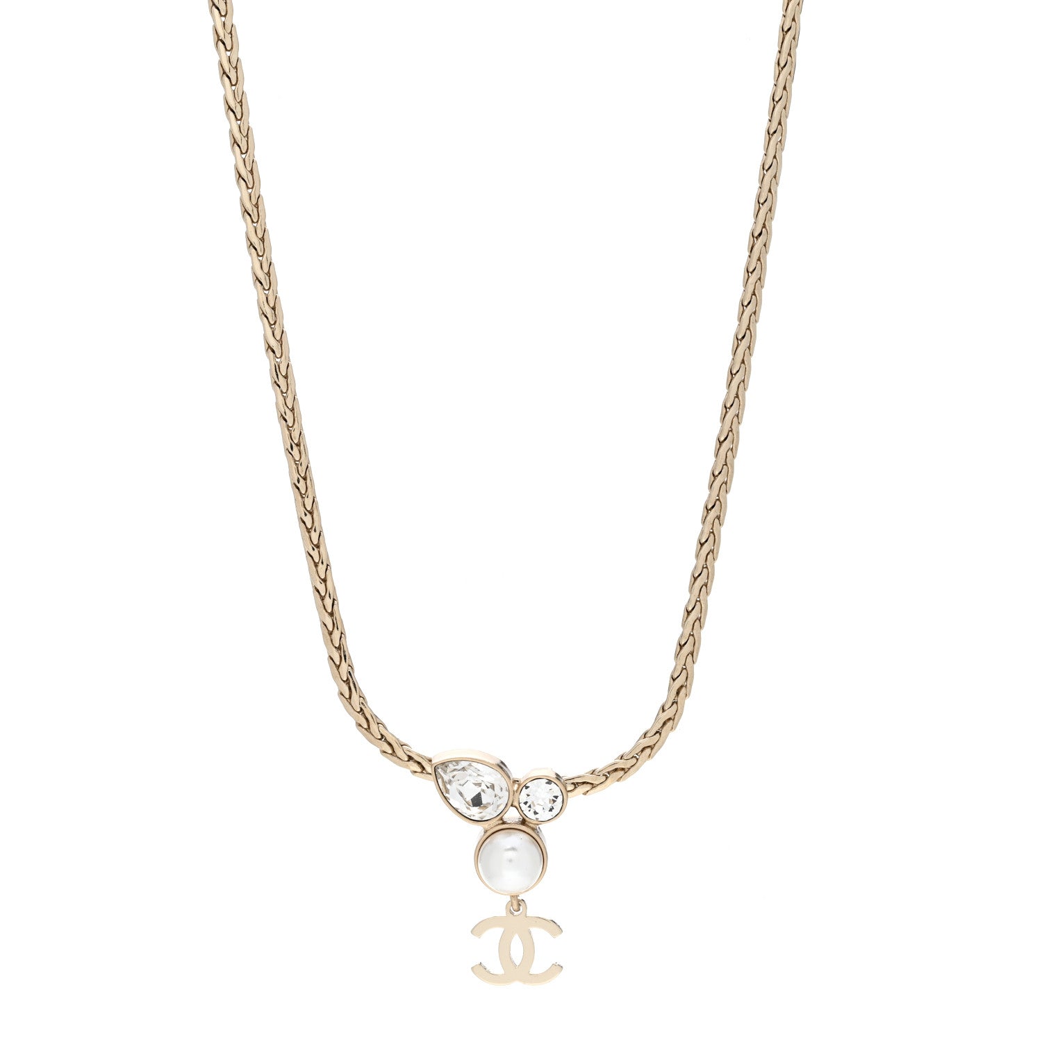 Chanel Pearl Crystal CC Teardrop Braided Necklace Gold 1 of 4