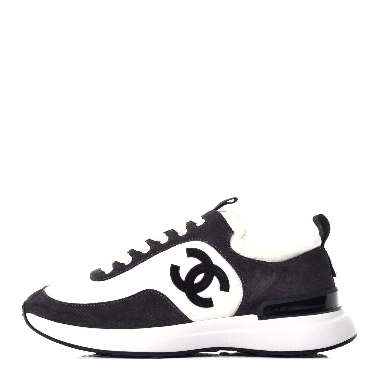 Chanel Nylon Suede Calfskin CC Sneakers 36.5 White Dark Grey 1 of 10