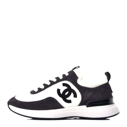 Chanel Nylon Suede Calfskin CC Sneakers 36.5 White Dark Grey 1 of 10
