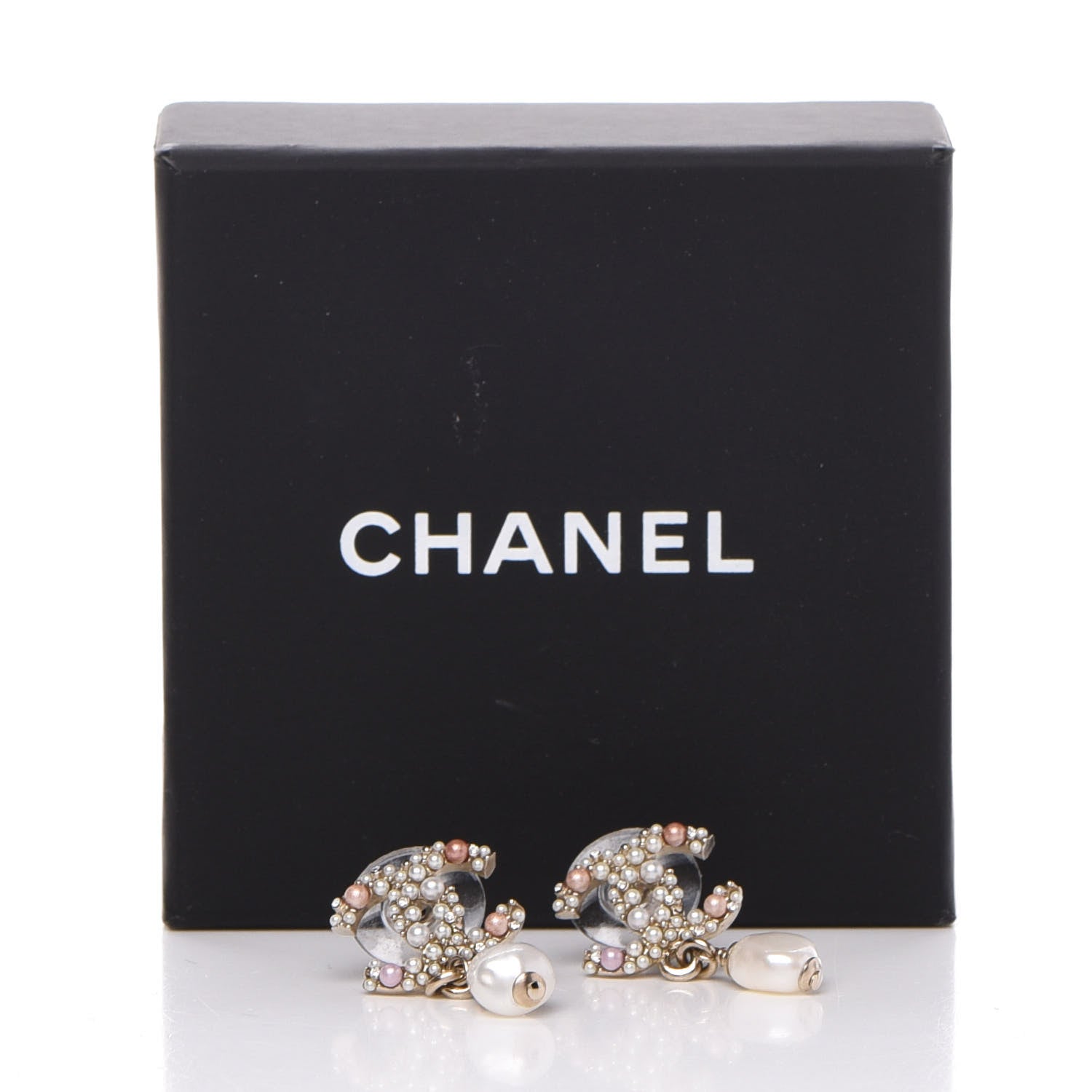 Chanel Pearl Crystal CC Charm Drop Earrings Light Gold Pink 5 of 5