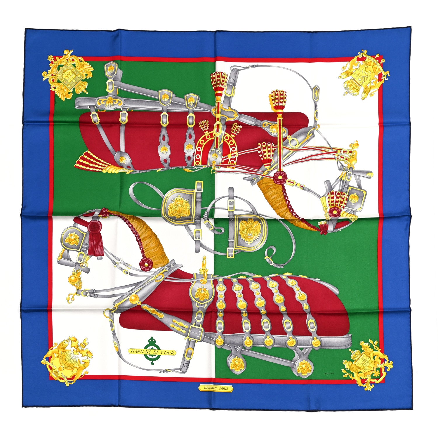 Hermes Silk Harnais De Cour Scarf 90 Bleu Vert Bordeaux 1 of 6