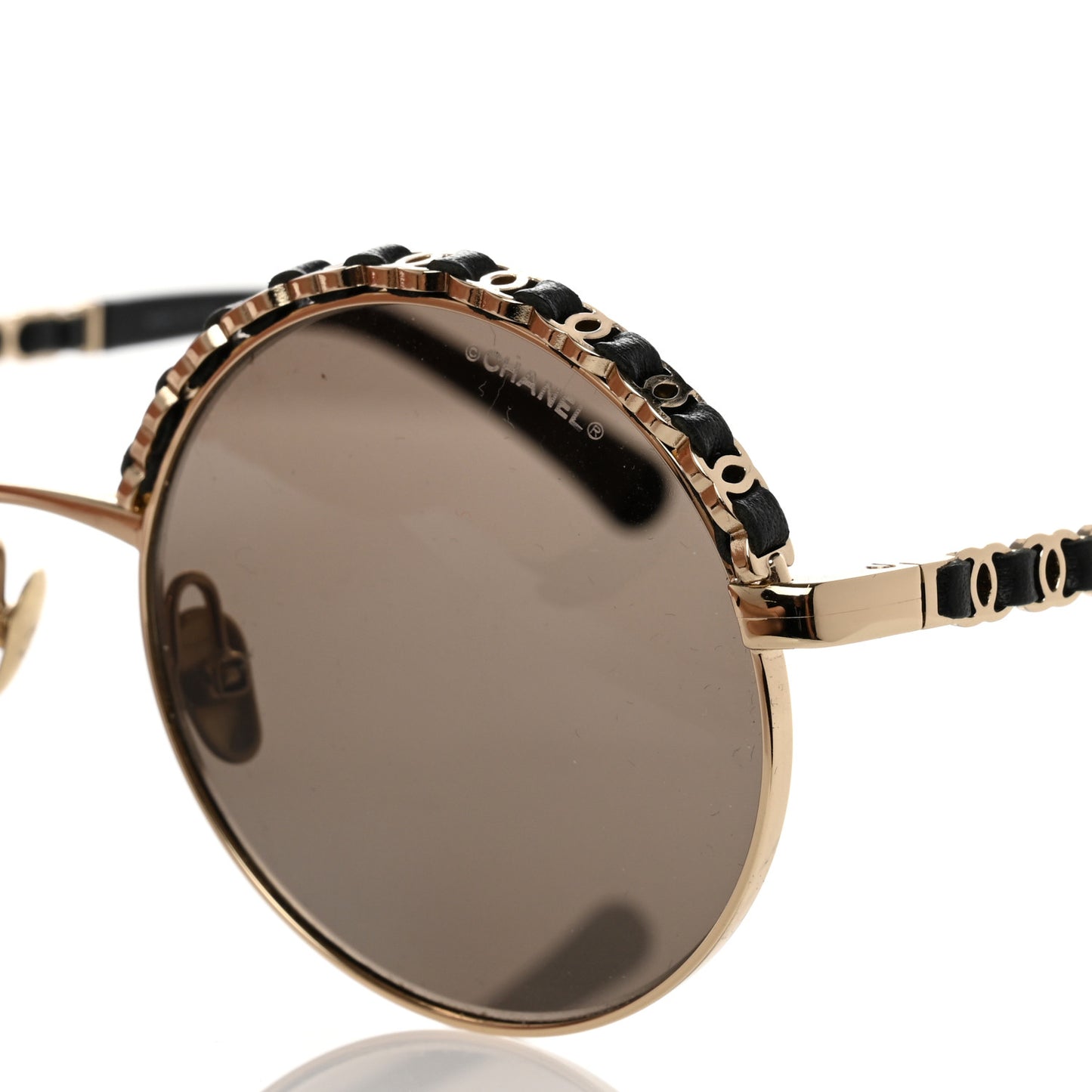 Metal Calfskin Round Chain Sunglasses 4265-Q Black
