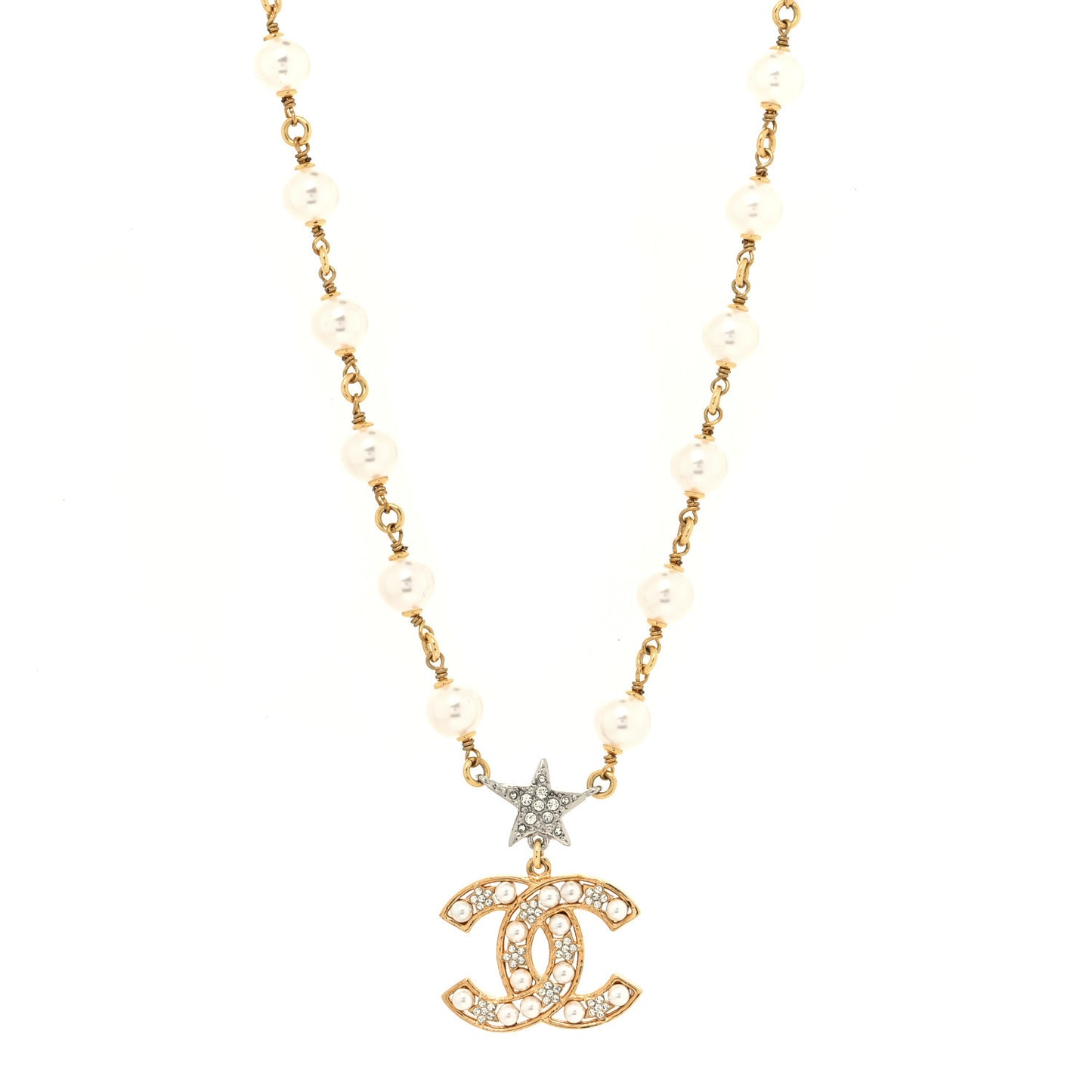 Metal Pearl Crystal CC Star Necklace Gold