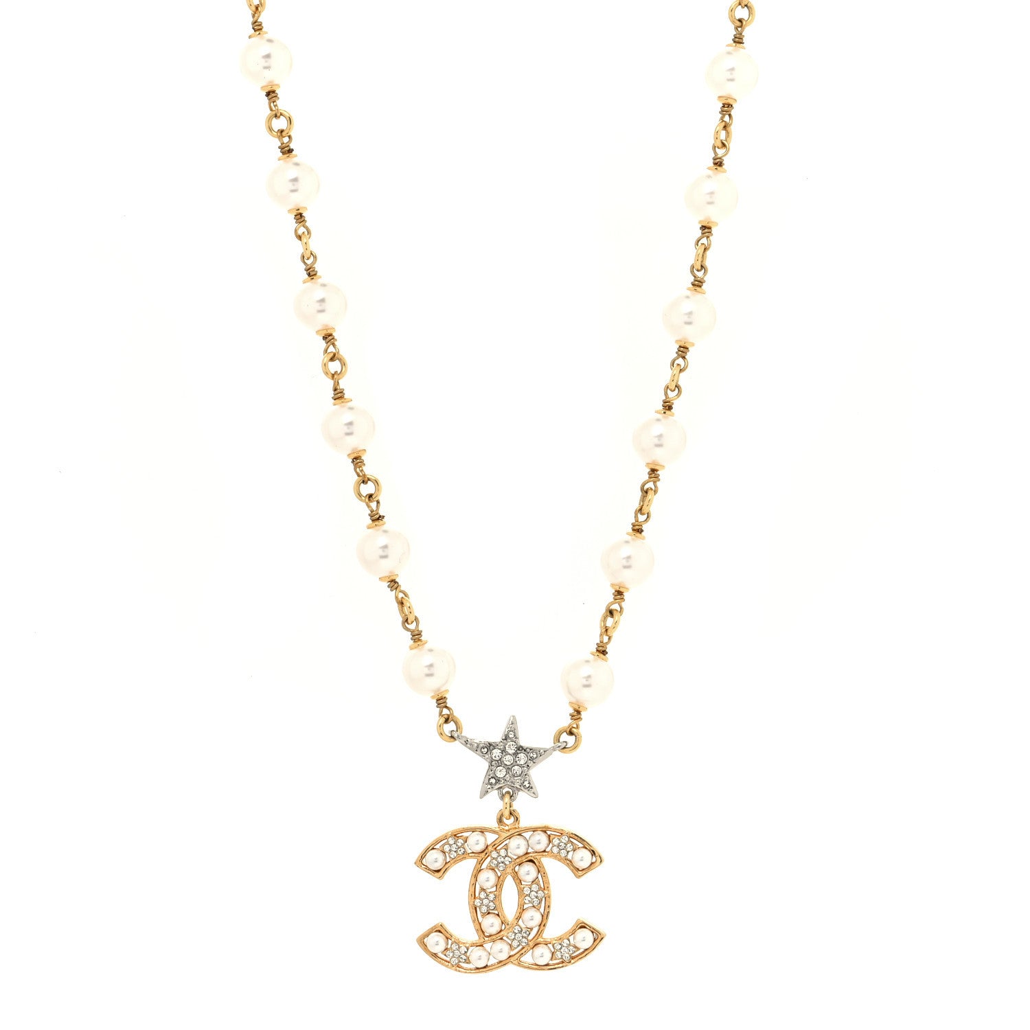 Chanel Metal Pearl Crystal CC Star Necklace Gold 1 of 3