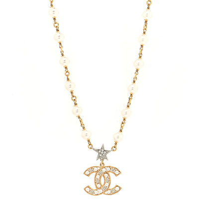 Chanel Metal Pearl Crystal CC Star Necklace Gold 1 of 3