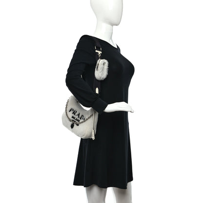 Prada Shearling Logo Embroidered Re-Edition 2005 Shoulder Bag White Black 2 of 8