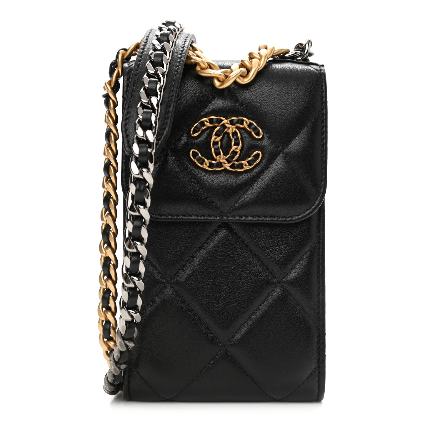 Lambskin Quilted Chanel 19 Phone Holder With Chain Black