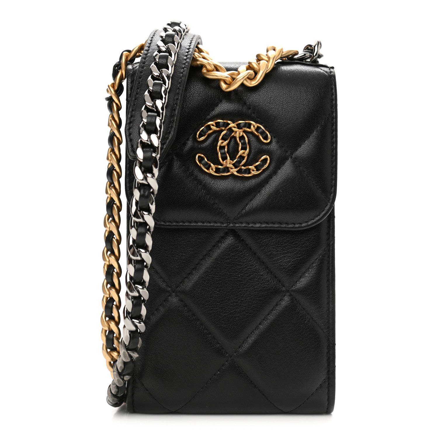 Chanel Lambskin Quilted Chanel 19 Phone Holder With Chain Black 1 of 11