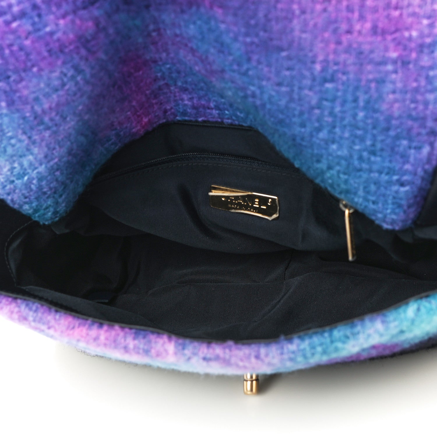 Chanel Wool Tweed Quilted Large Chanel 19 Flap Purple Black Blue 5 of 10