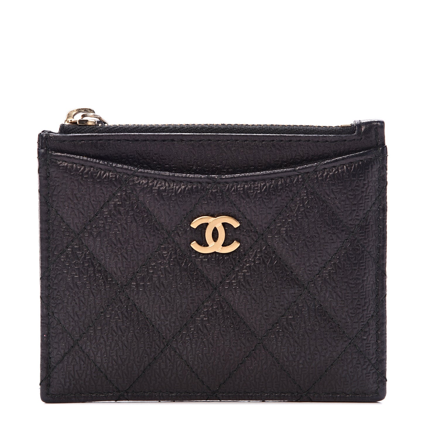 Letter Calfskin Embossed Quilted CC Zip Card Holder Black