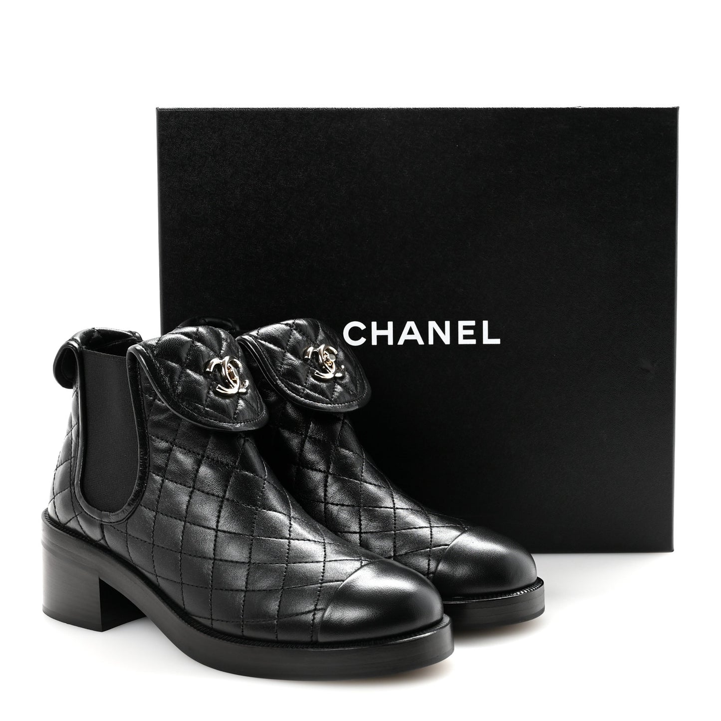 Lambskin Quilted Cap Toe CC Turnlock Booties 38.5 Black