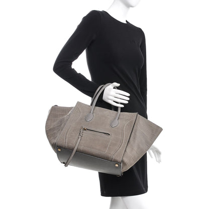 Celine Crocodile Embossed Nubuck Medium Phantom Luggage Grey 2 of 11