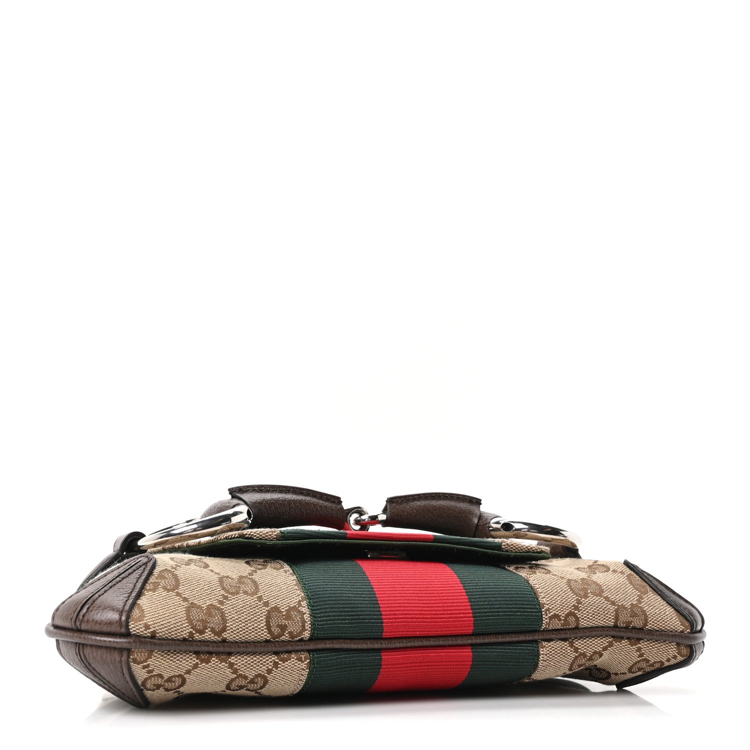 Gucci Monogram Textured Dollar Calfskin Heavy Grosgrain Web Small Maxi Horsebit Chain Shoulder Bag Beige Ebony New Acero 3 of 9