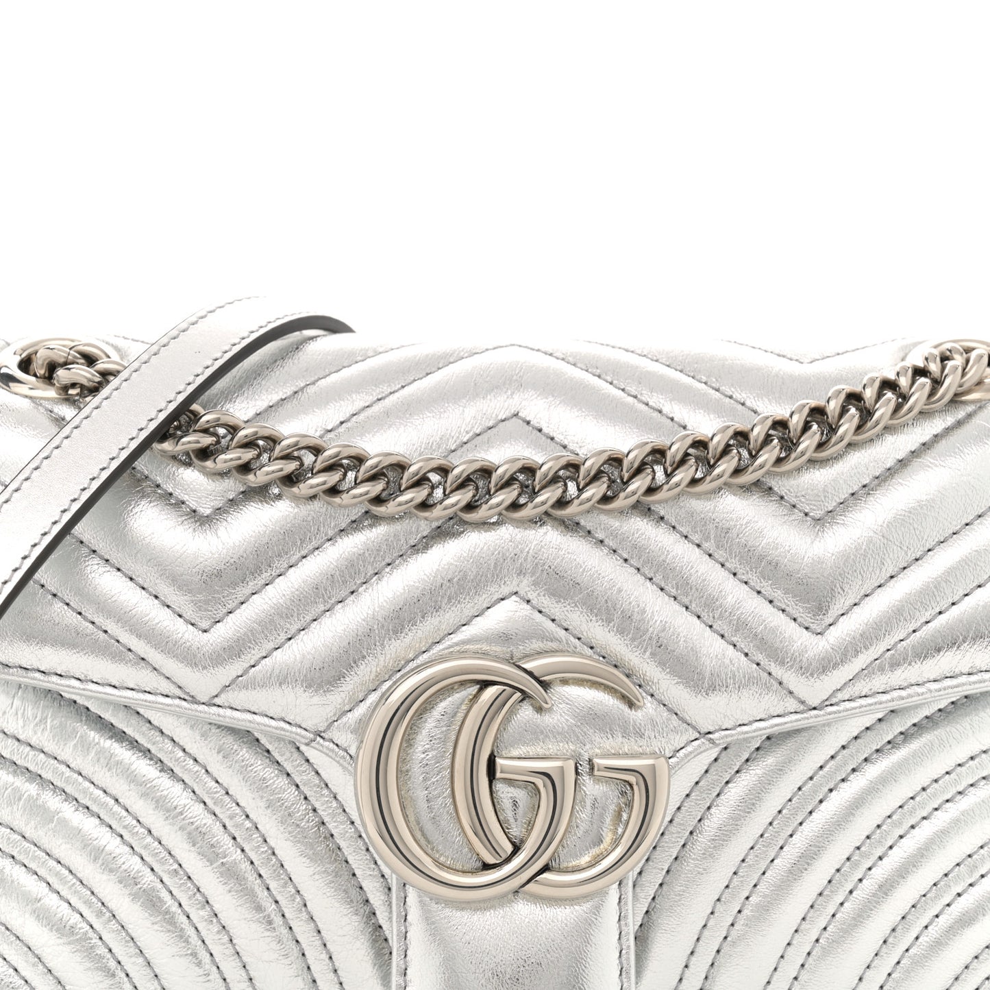 Metallic Calfskin Matelasse Small GG Marmont Shoulder Bag Silver