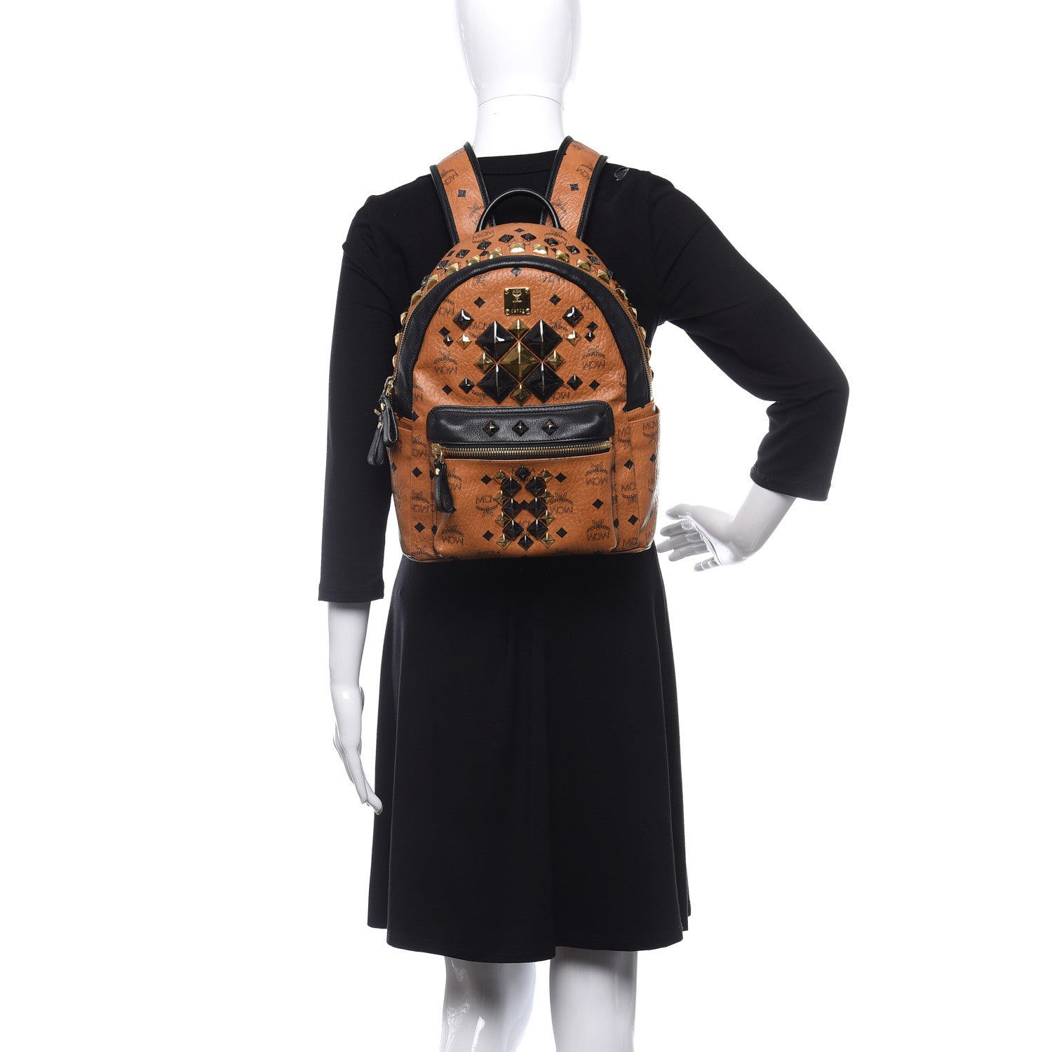 MCM Visetos Studded Colorblock Small Stark Brock Backpack Cognac Black 2 of 13