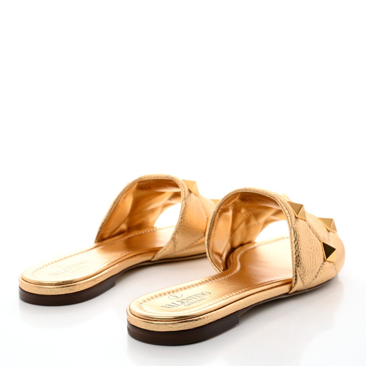 Metallic Pebbled Calfskin Roman Stud Flat Slide Sandals 39 Antique Brass