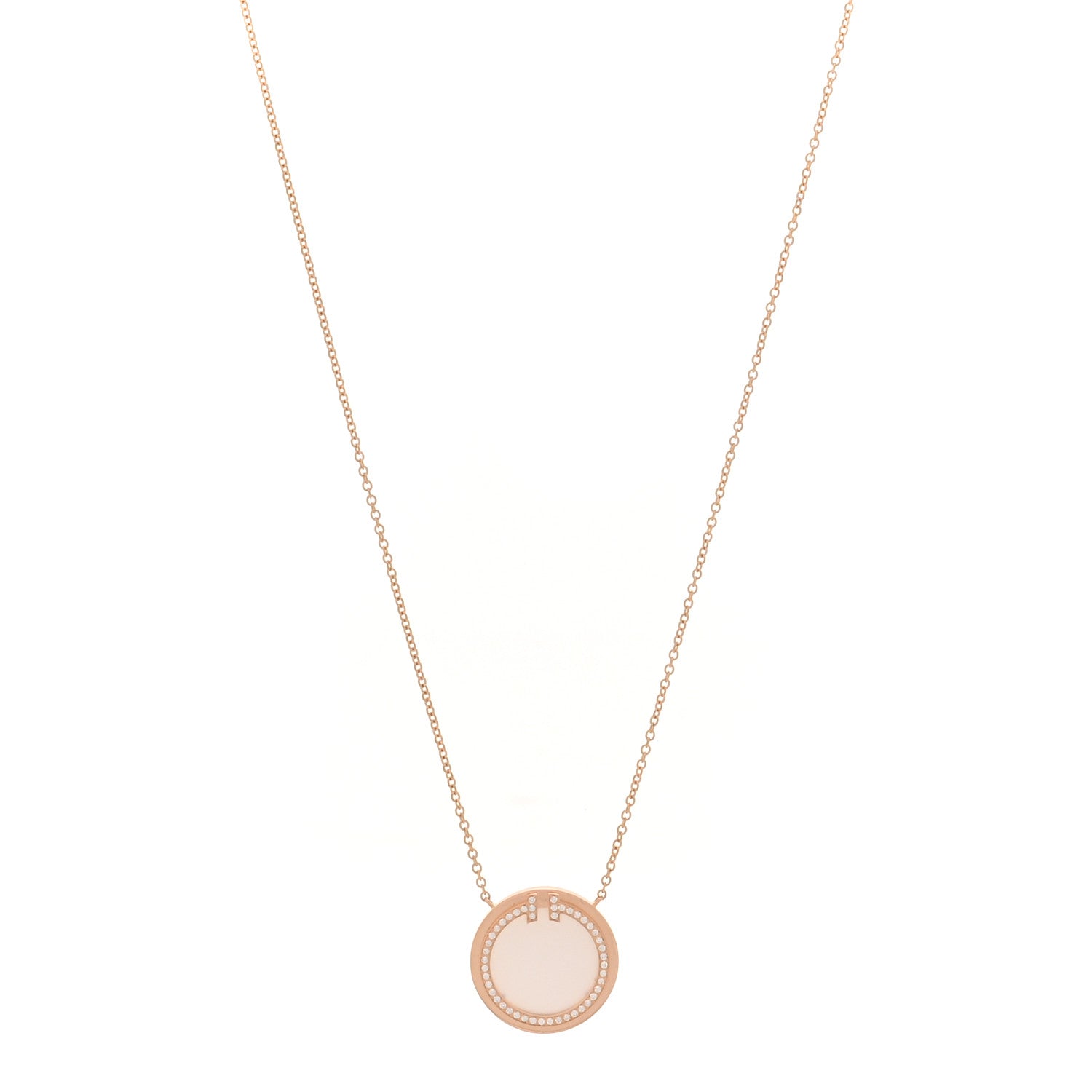 Tiffany 18K Rose Gold Diamond Mother of Pearl T Circle Pendant Necklace 1 of 5
