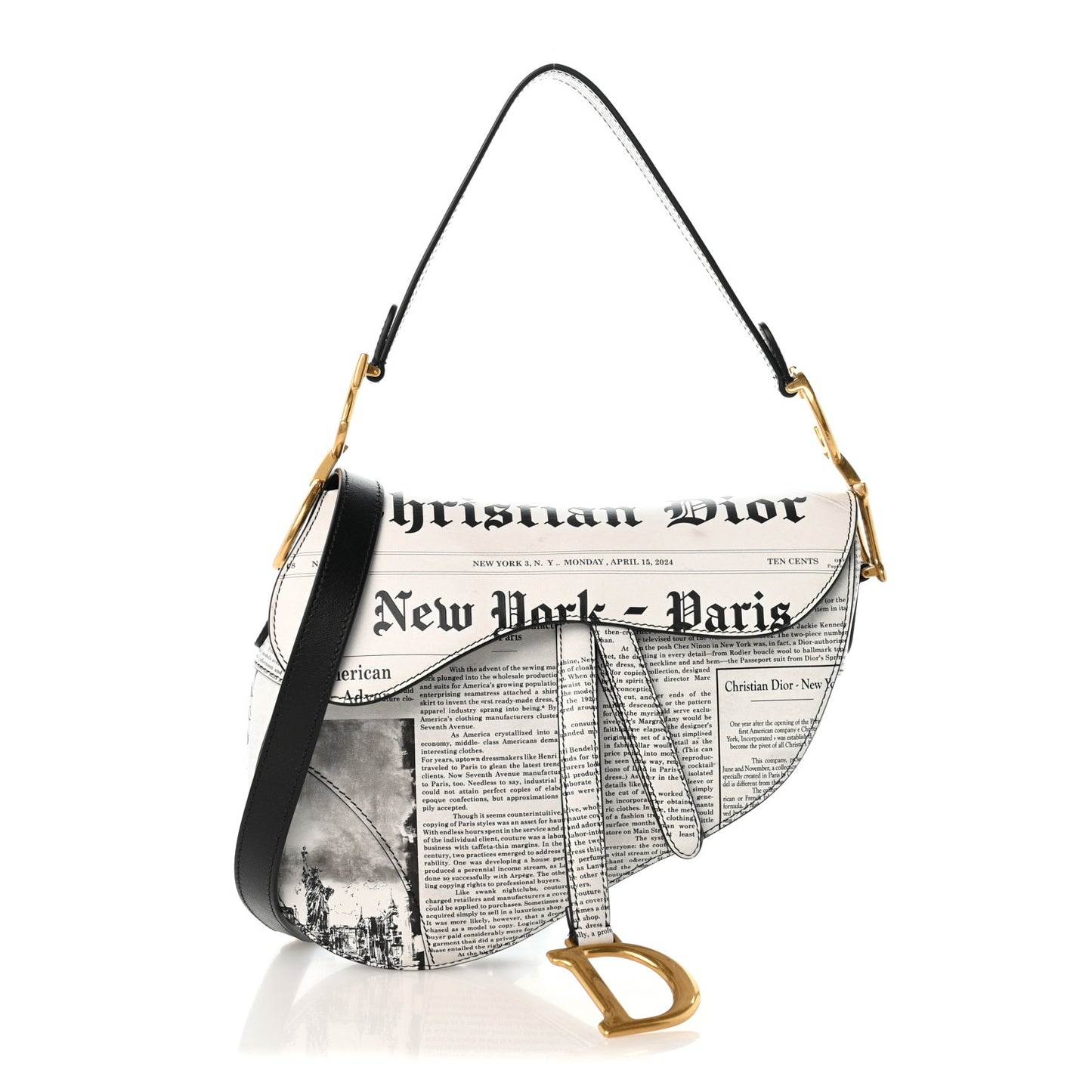 Calfskin Newspaper Printed Saddle Bag With Strap Black White