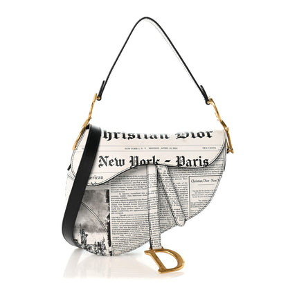 Christian Dior Calfskin Newspaper Printed Saddle Bag With Strap Black White 1 of 12