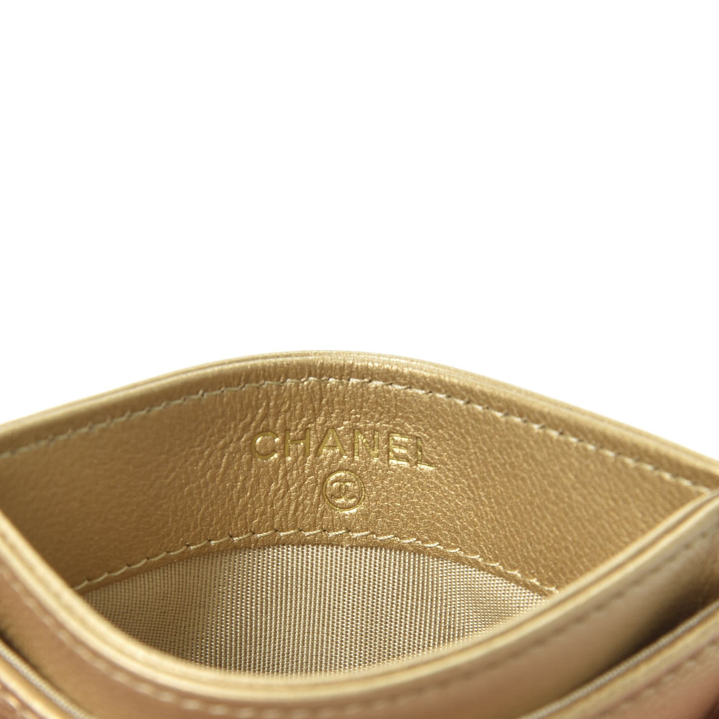 Metallic Goatskin Quilted Chanel 19 Card Holder Gold