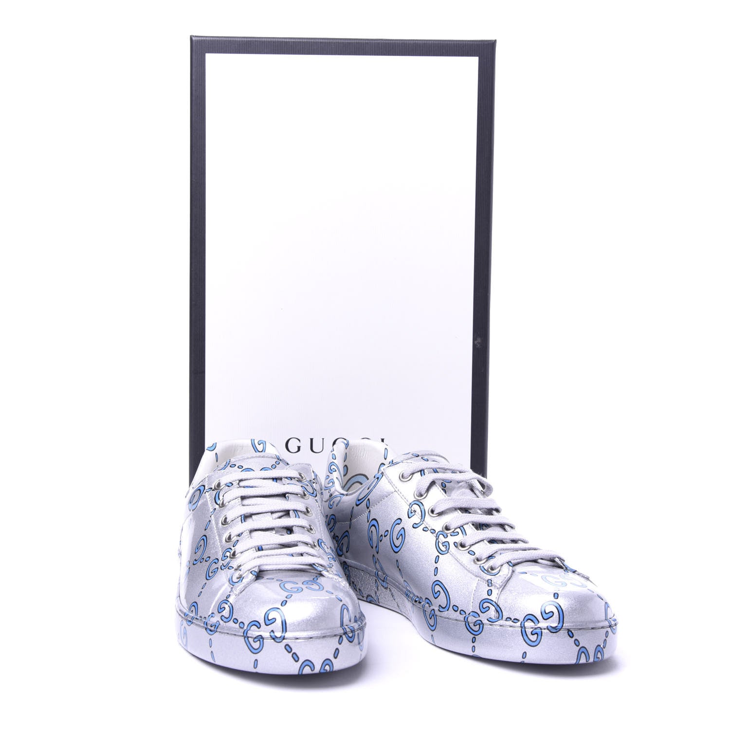 Gucci Miro Rubber Wax GucciGhost Print Mens New Ace Sneakers 8.5 Silver 10 of 10
