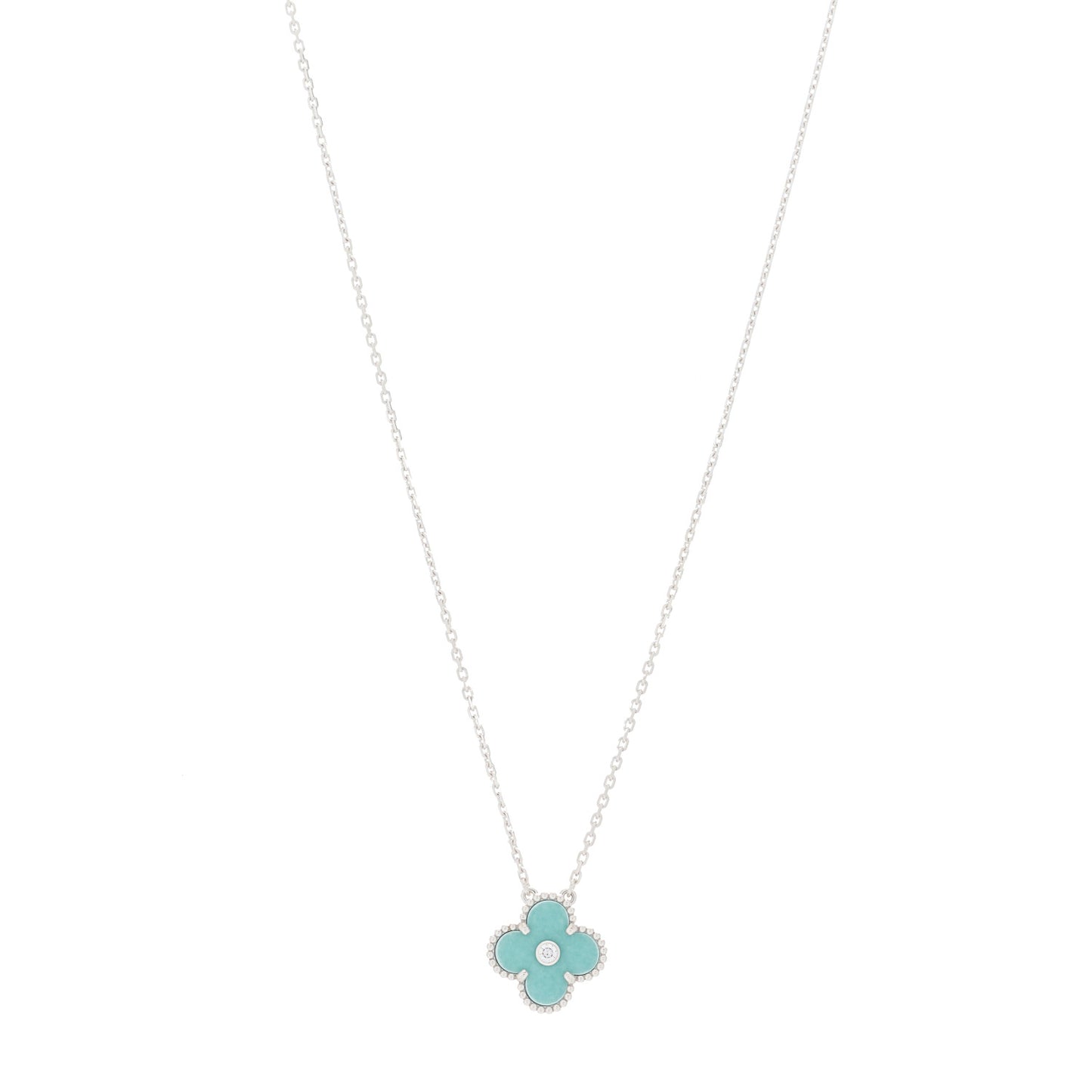 18K White Gold Diamond Celadon Green Sevres Porcelain Vintage Alhambra Pendant Necklace