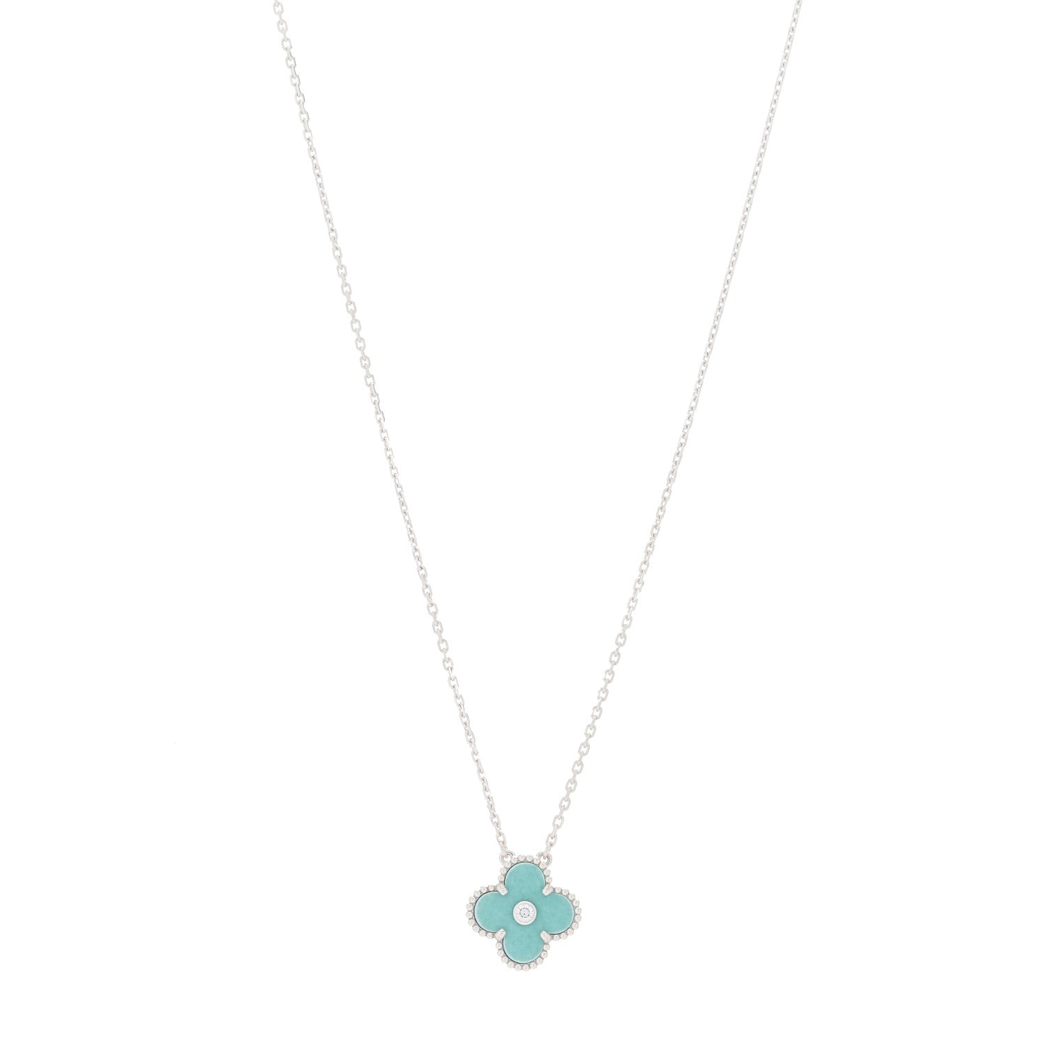 Van Cleef & Arpels 18K White Gold Diamond Celadon Green Sevres Porcelain Vintage Alhambra Pendant Necklace 1 of 4