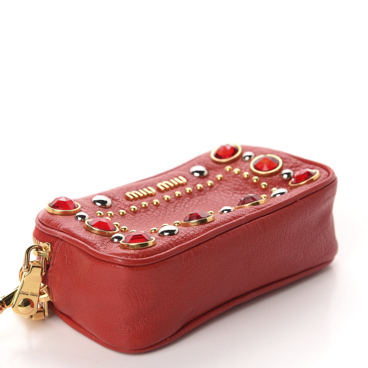 Goatskin Madras Crystal Studded Double Zip Wristlet Rosso