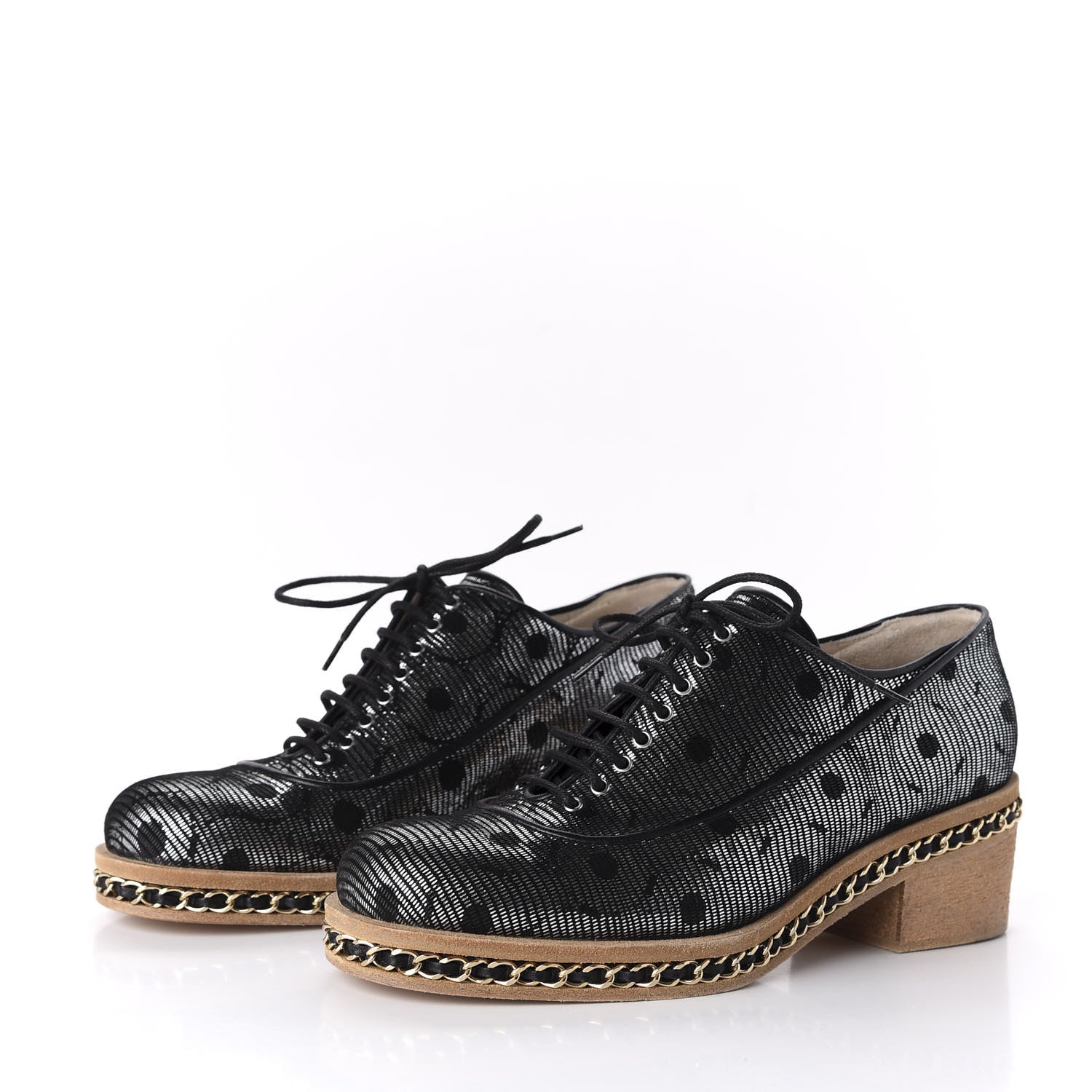 Chanel Metallic Calfskin CC Lace Up Chain Oxfords 37.5 Silver Black 3 of 9
