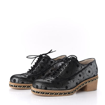 Chanel Metallic Calfskin CC Lace Up Chain Oxfords 37.5 Silver Black 3 of 9
