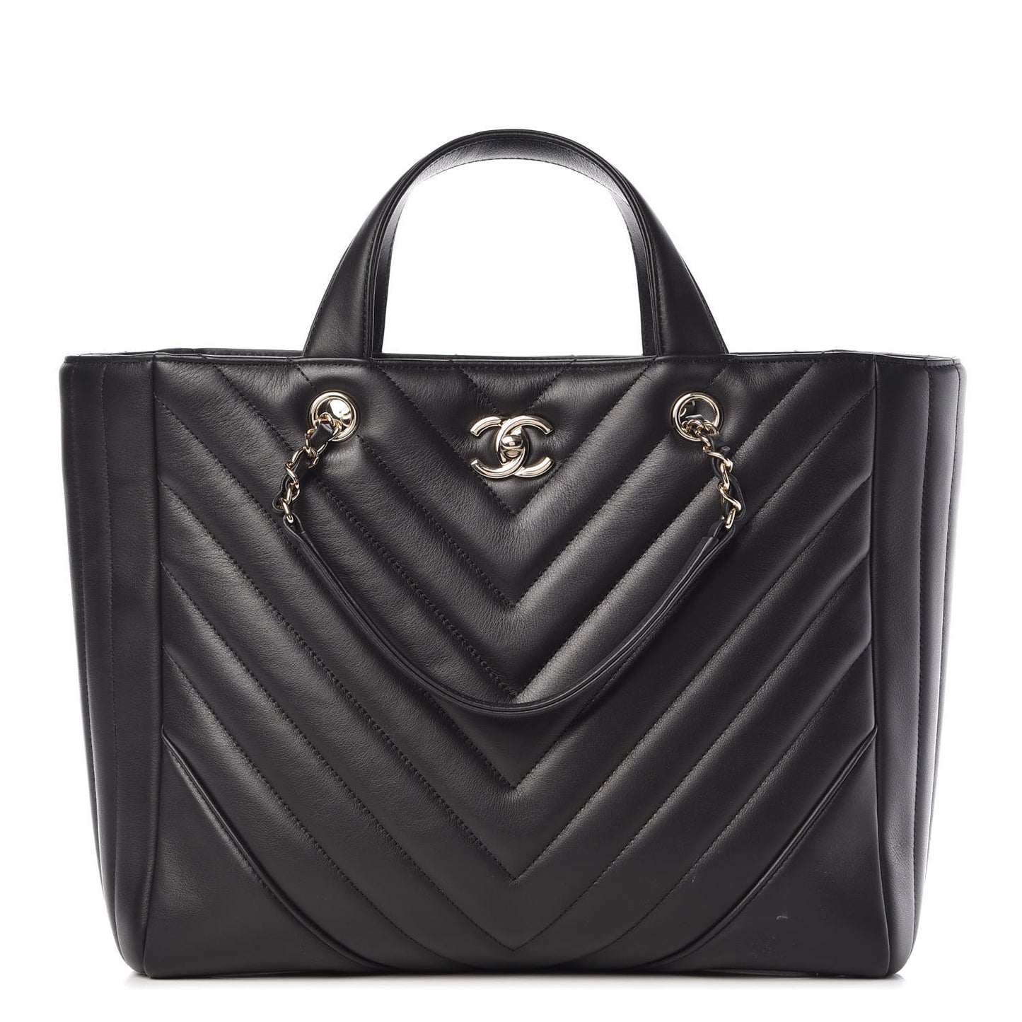 Calfskin Chevron Quilted Statement Shopping Tote Black