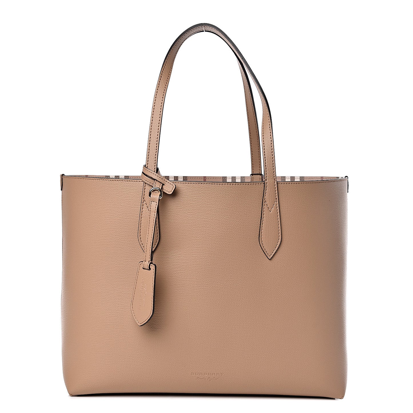 Grainy Calfskin Haymarket Check Medium Reversible Tote Camel