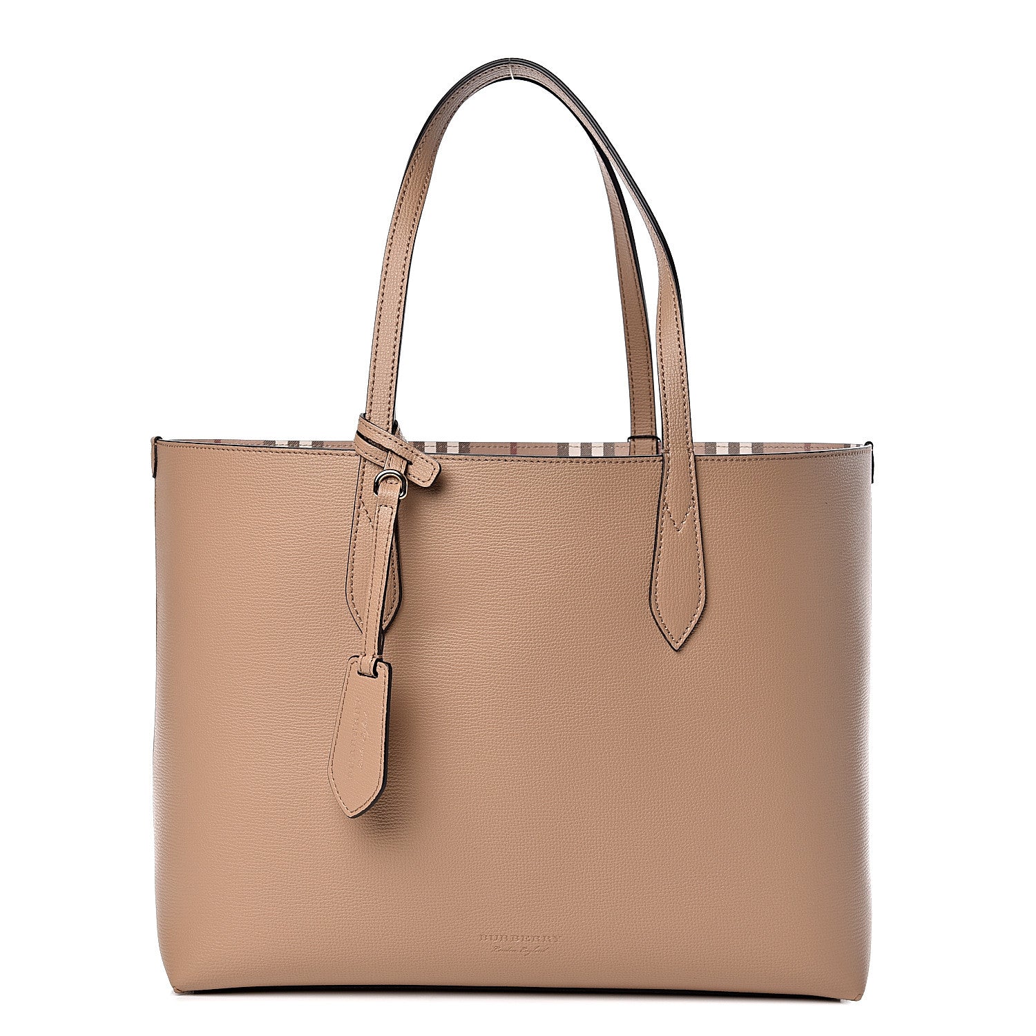 Burberry Grainy Calfskin Haymarket Check Medium Reversible Tote Camel 1 of 12
