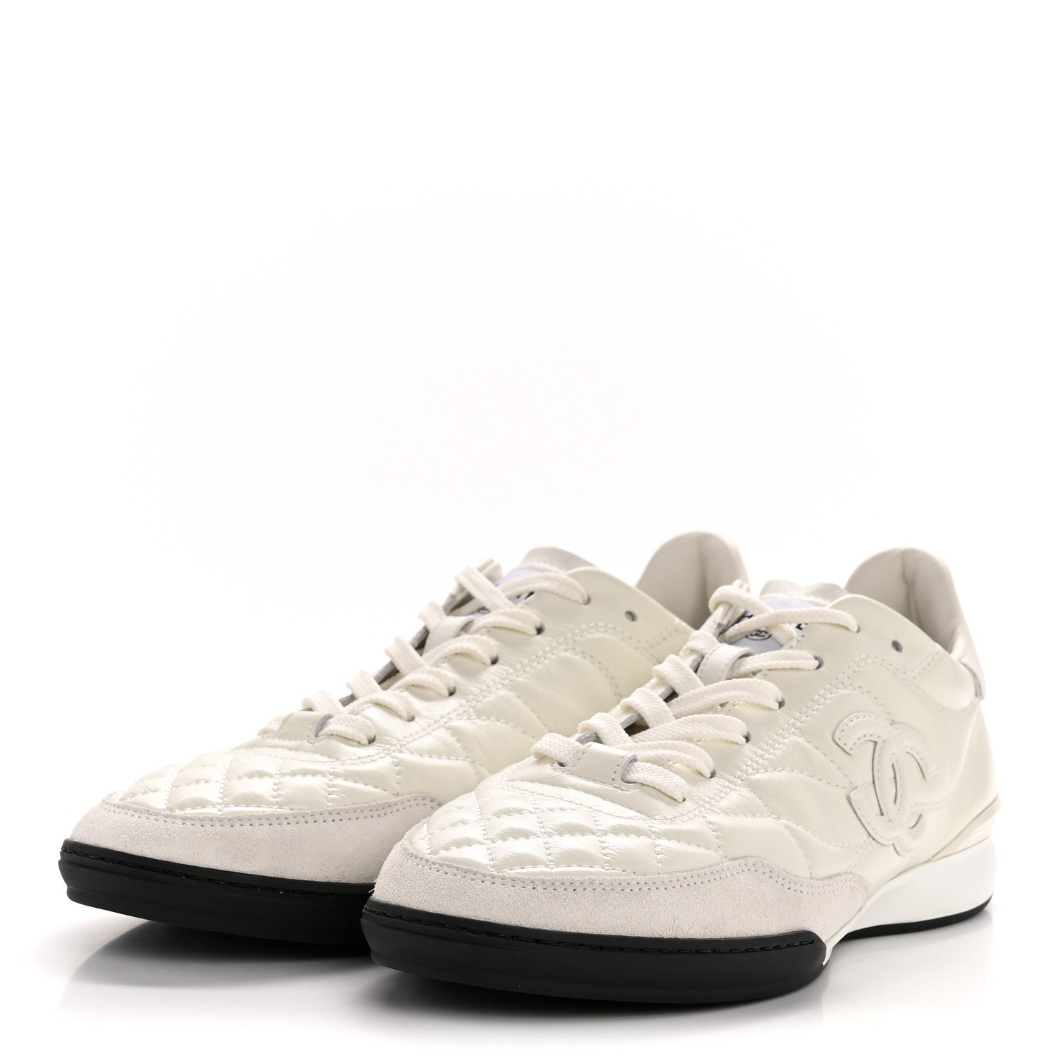 Chanel Shiny Calfskin Suede Quilted CC Logo Sneakers 38.5 White 4 of 10
