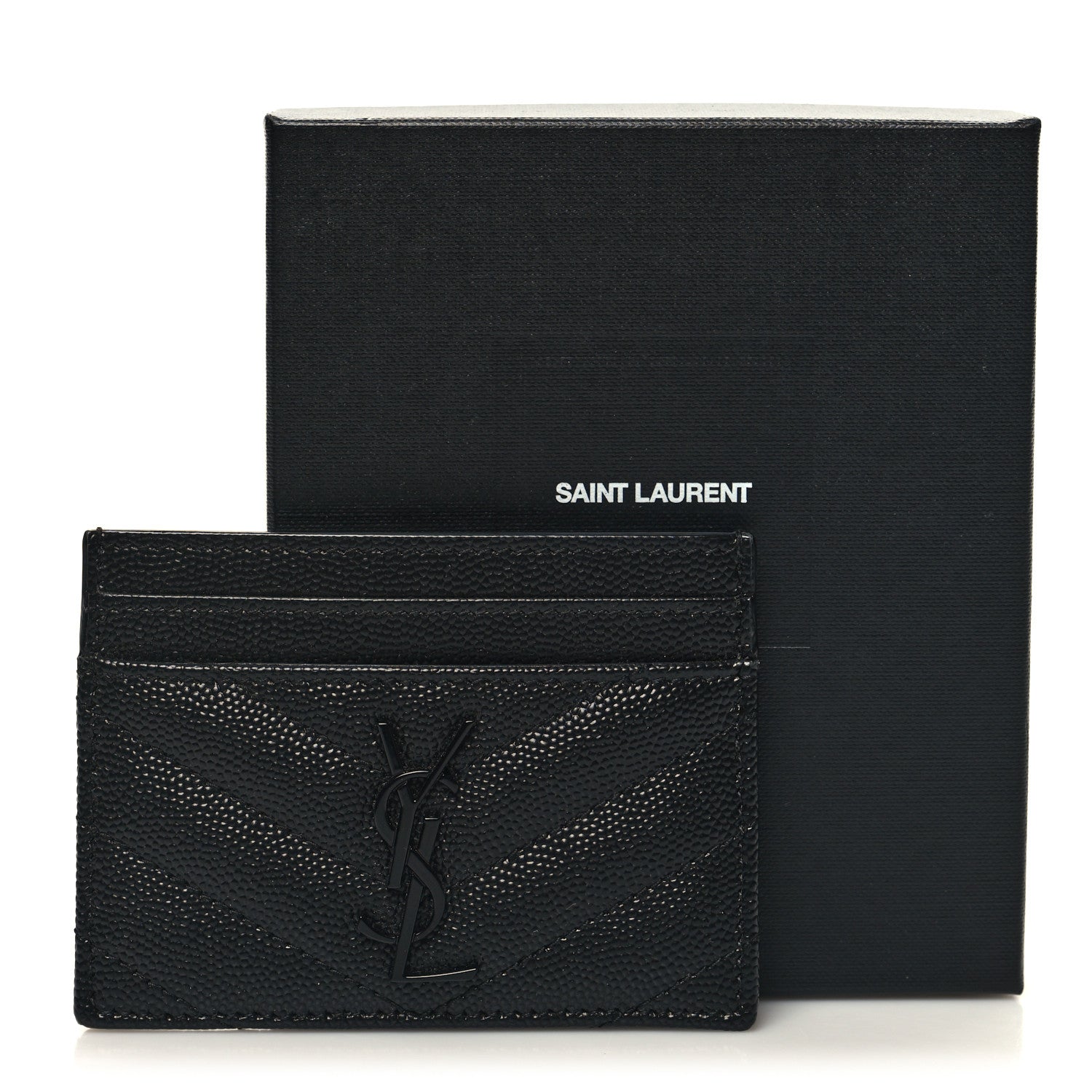 Saint Laurent Grain De Poudre Matelasse Chevron Monochrome Monogram Credit Card Case Black 9 of 9