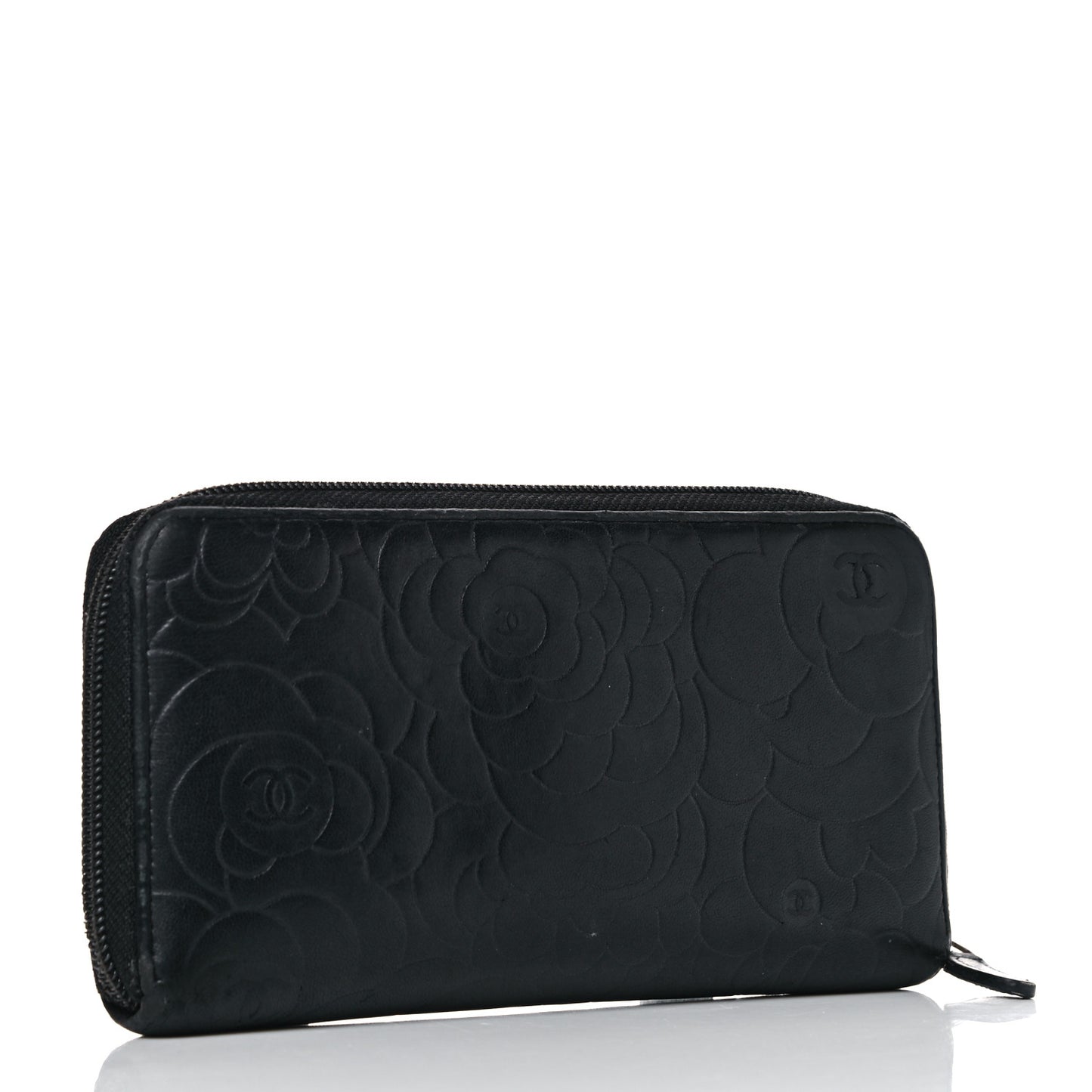 Lambskin Camellia Embossed Large Zip Around Gusset Wallet Black