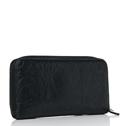 Chanel Lambskin Camellia Embossed Large Zip Around Gusset Wallet Black 3 of 12