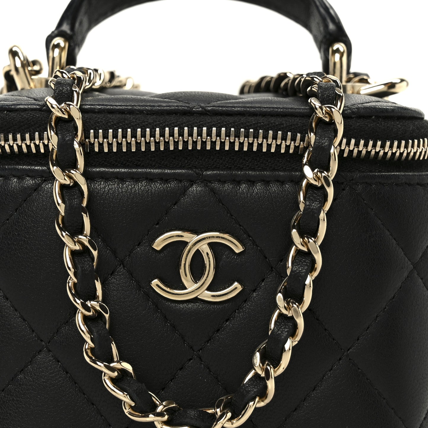 Lambskin Quilted Top Handle Mini Vanity Case With Chain Black