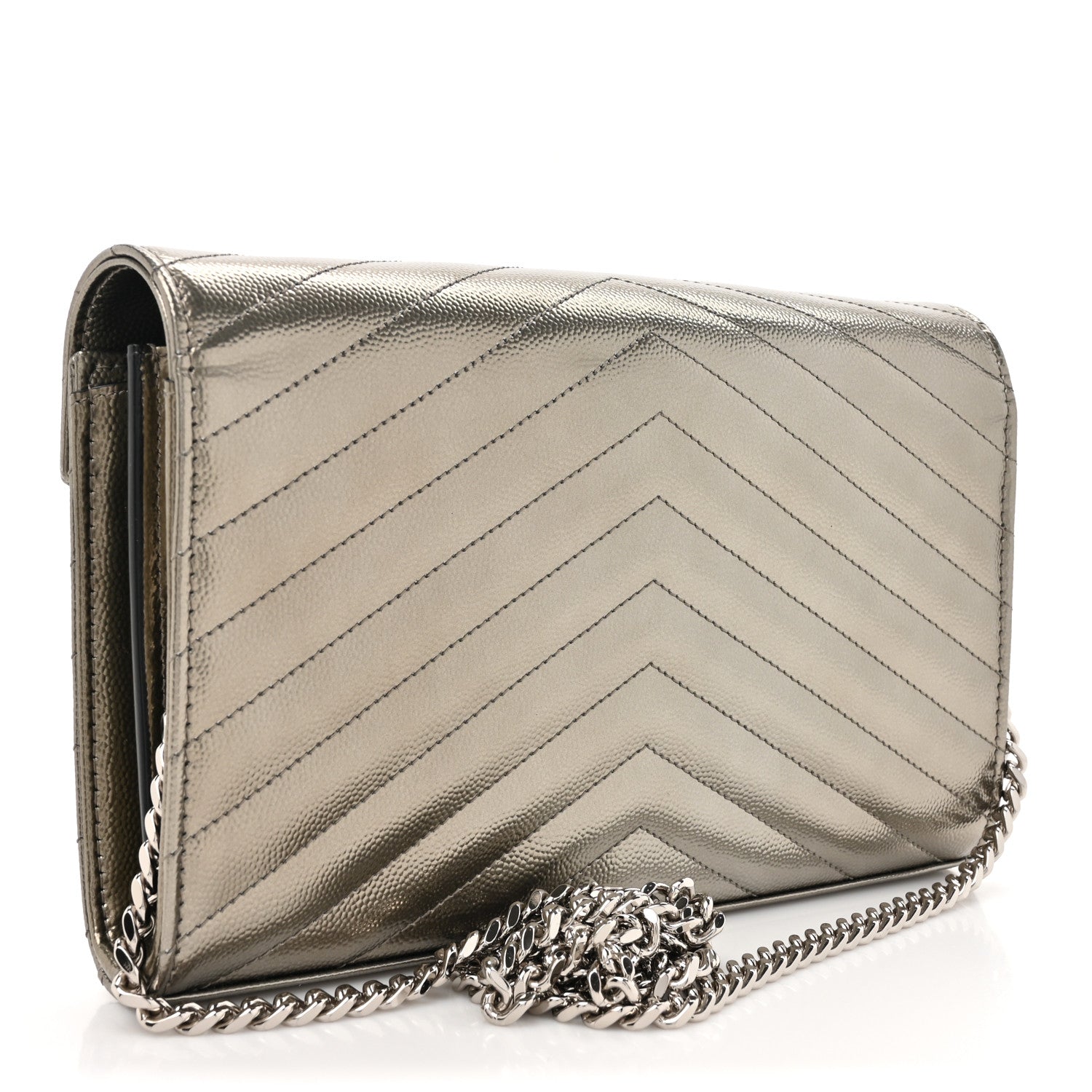 Saint Laurent Metallic Grain De Poudre Matelasse Chevron Monogram Chain Wallet Piombo 3 of 12