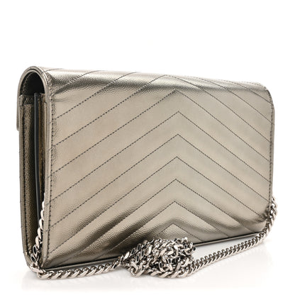 Saint Laurent Metallic Grain De Poudre Matelasse Chevron Monogram Chain Wallet Piombo 3 of 12