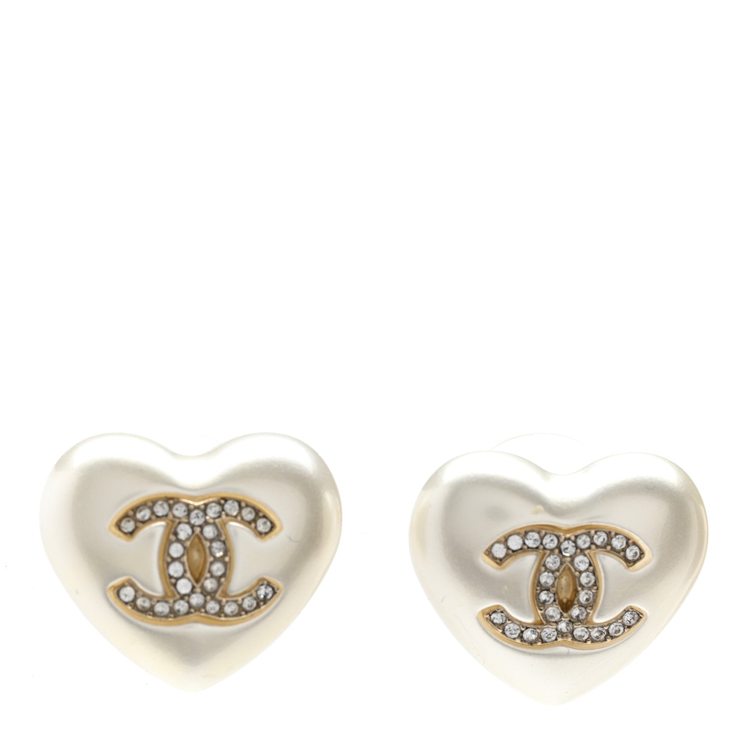 Chanel Pearl Crystal CC Heart Earrings Gold 1 of 5