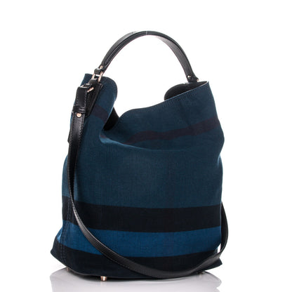 Burberry Overdyed Canvas Mega Check Medium Susanna Hobo Navy Blue 3 of 8