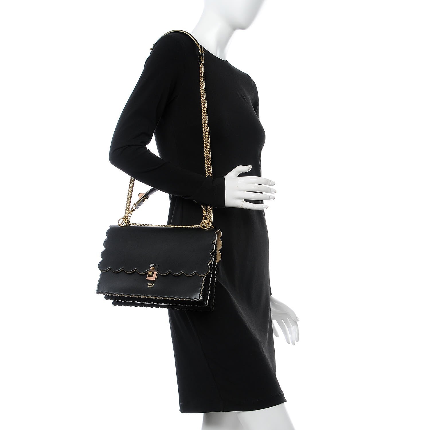 Fendi Vitello Liberty Scalloped Studded Kan I Shoulder Bag Black 2 of 10