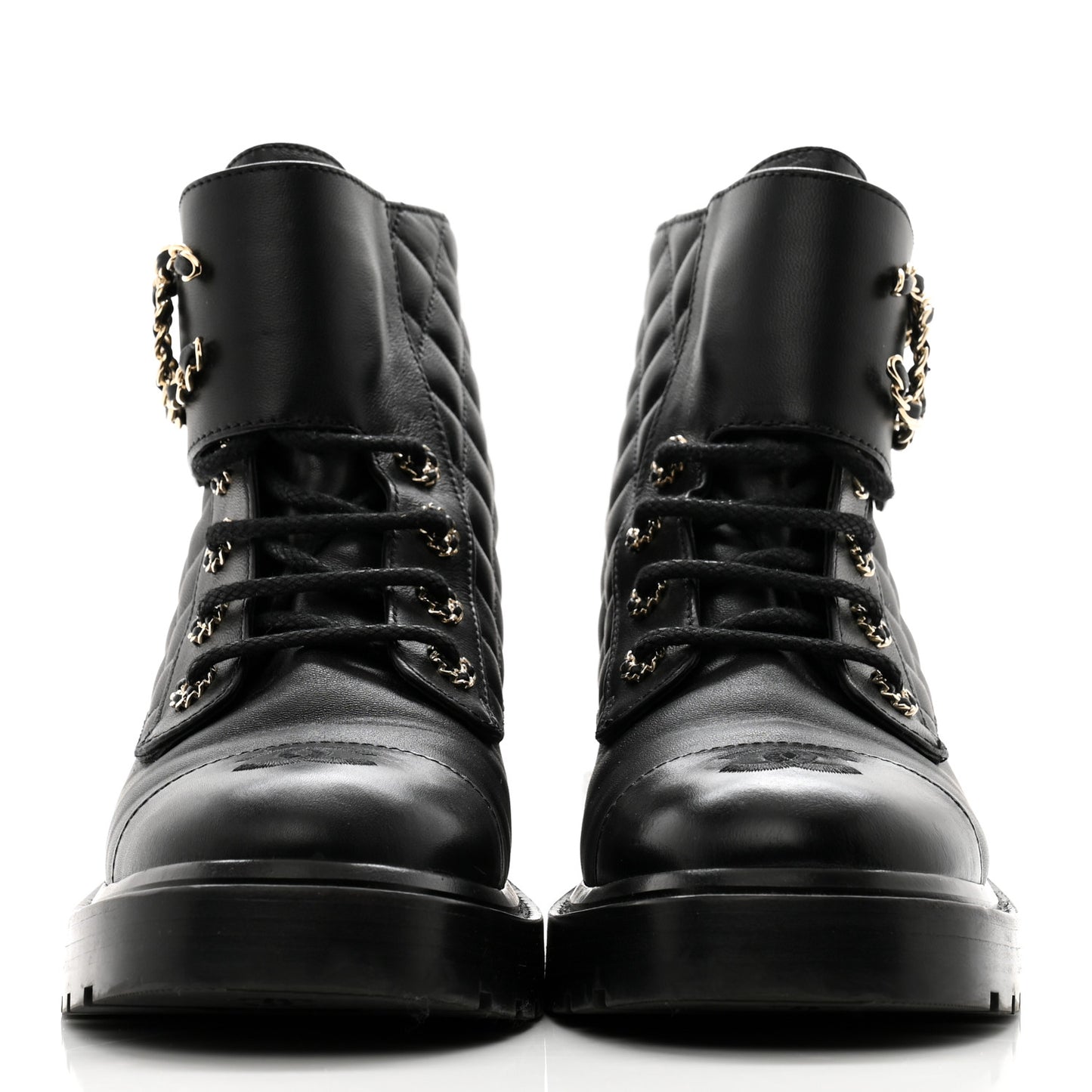 Shiny Lambskin Quilted Lace Up Combat Boots 39 Black
