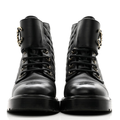 Chanel Shiny Lambskin Quilted Lace Up Combat Boots 39 Black 3 of 20