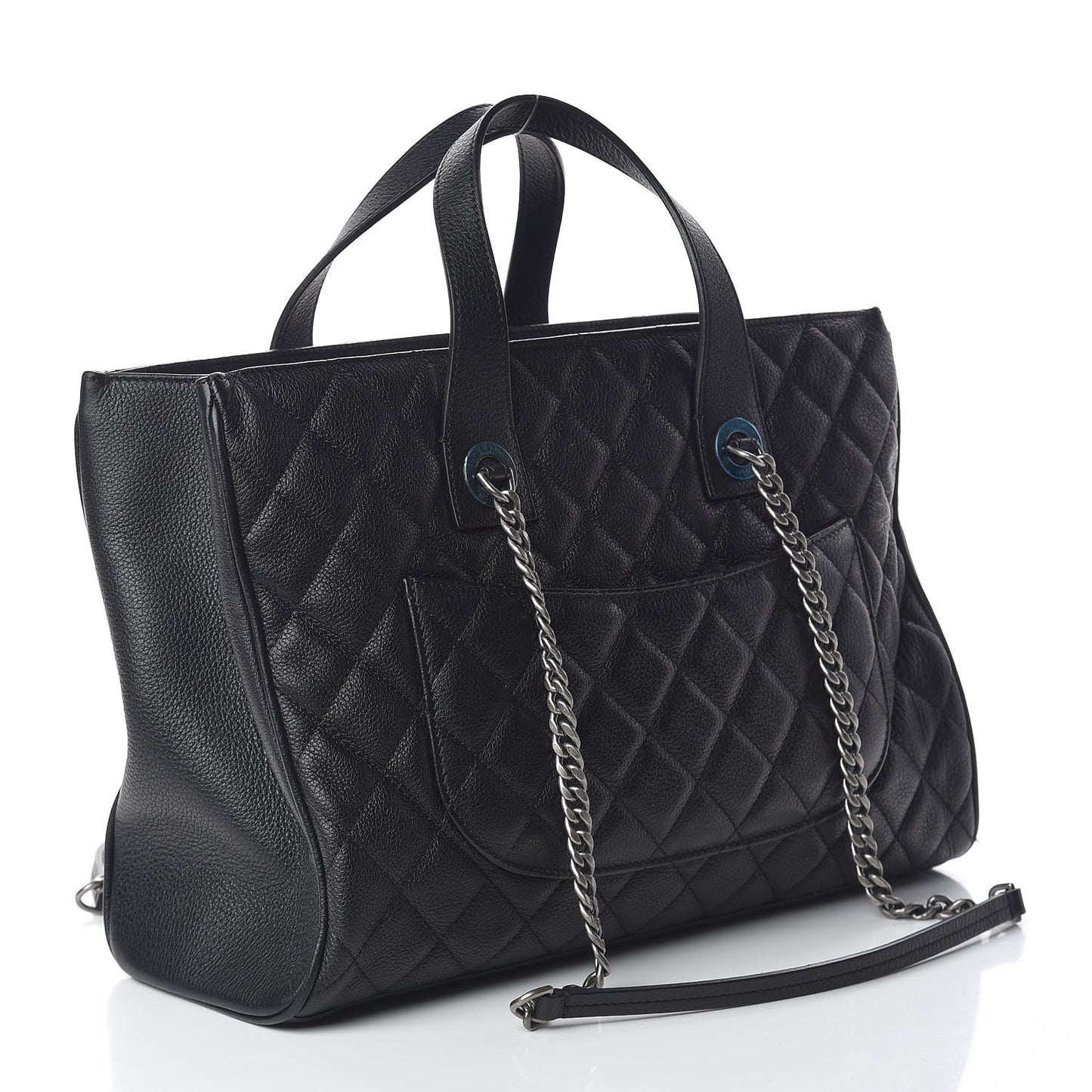 Grained Calfskin Quilted Large Casual Pocket Tote Black